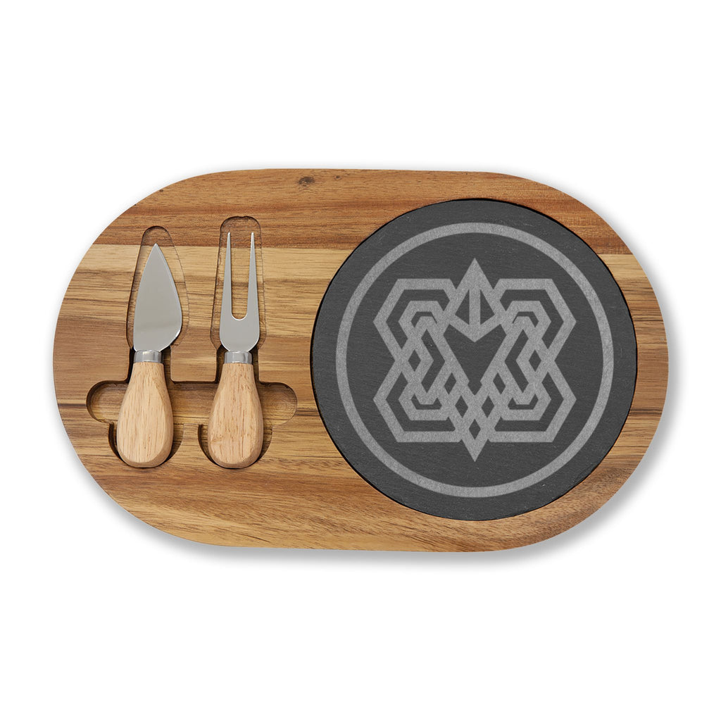 Engraved Acacia Charcuterie Board with Slate Inlay & Cheese Tools — Geometric Knot Design