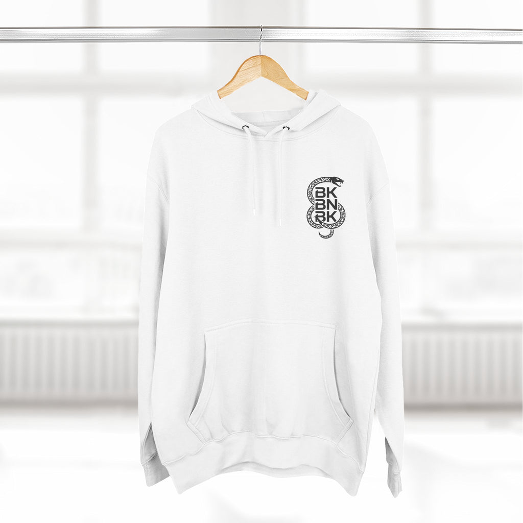 Minimalist BKBNBK Logo Hoodie — White Fleece Pullover