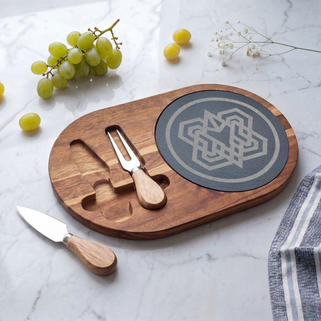 Engraved Acacia Charcuterie Board with Slate Inlay & Cheese Tools — Geometric Knot Design