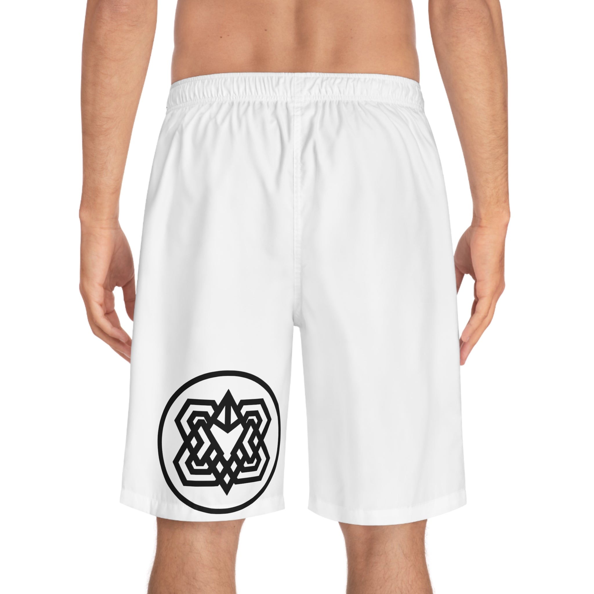 BKKB Pattern Men’s Board Shorts — Black Logo All-Over Print