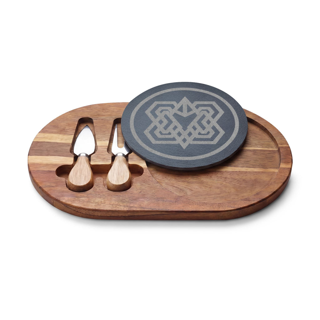 Engraved Acacia Charcuterie Board with Slate Inlay & Cheese Tools — Geometric Knot Design