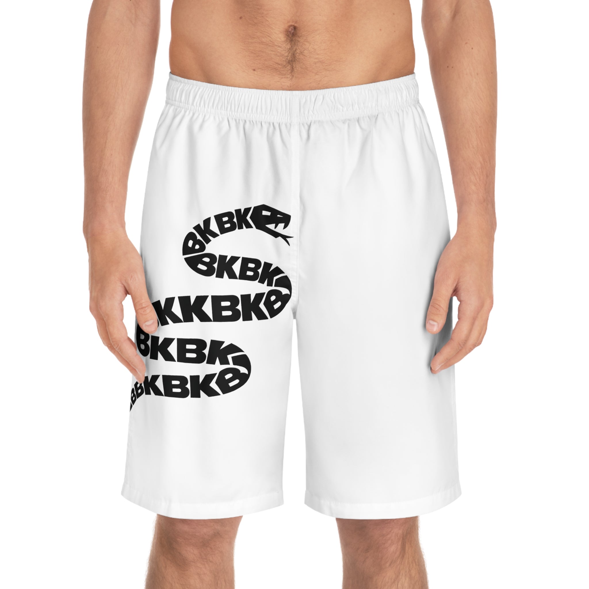 BKKB Pattern Men’s Board Shorts — Black Logo All-Over Print