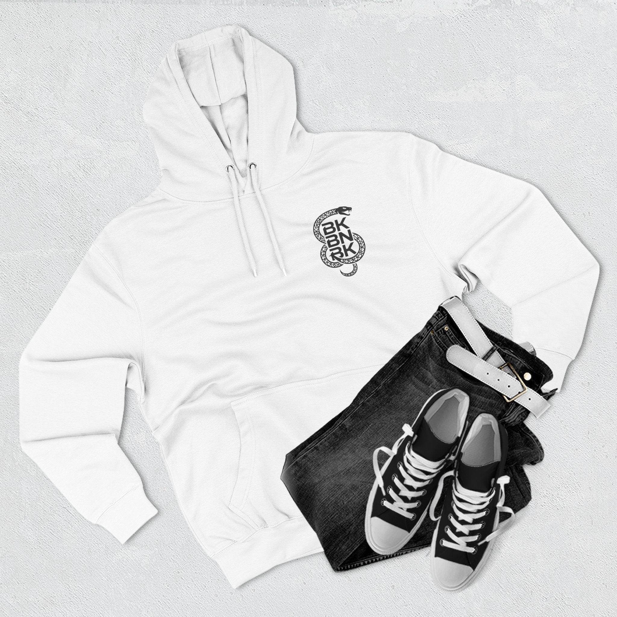 Minimalist BKBNBK Logo Hoodie — White Fleece Pullover