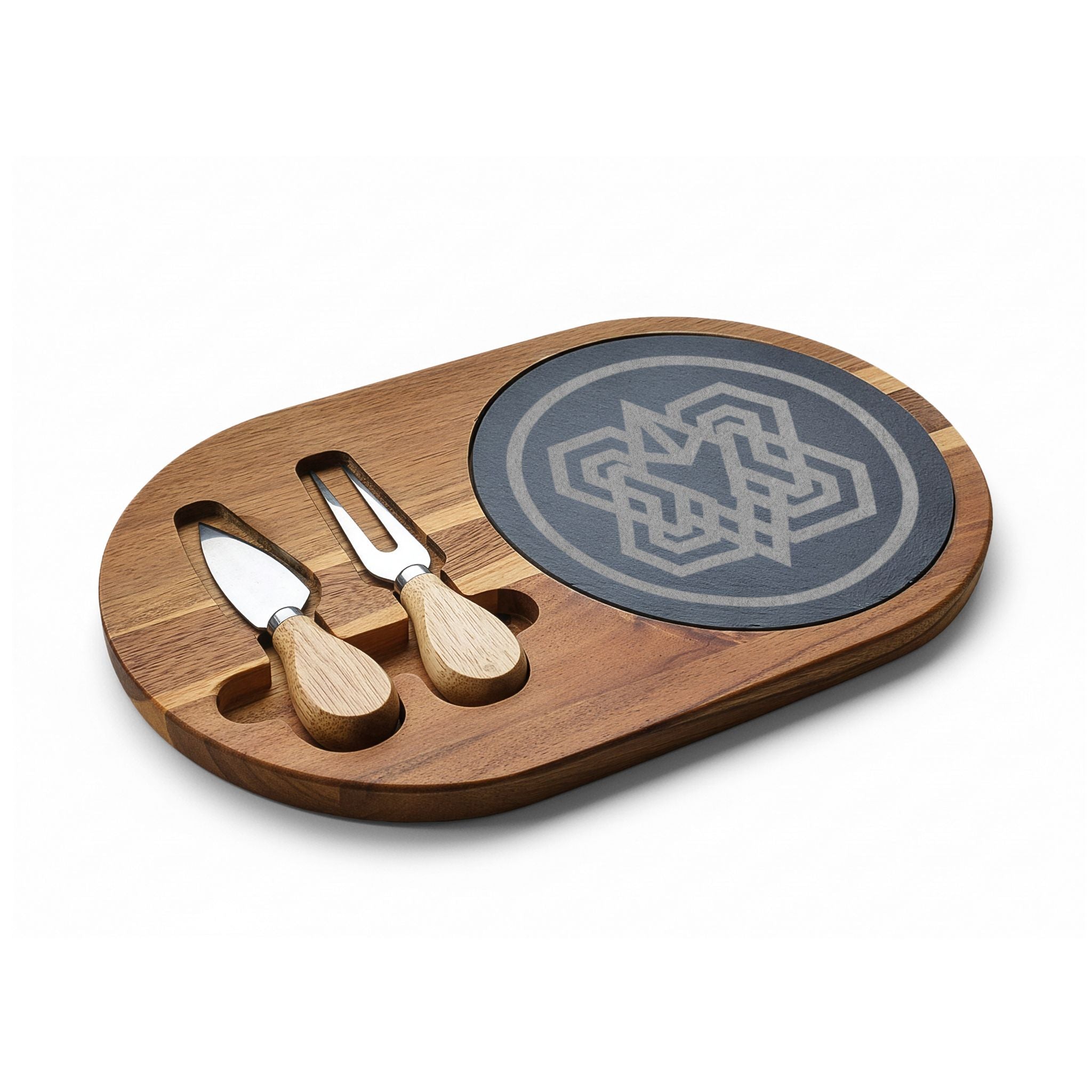Engraved Acacia Charcuterie Board with Slate Inlay & Cheese Tools — Geometric Knot Design